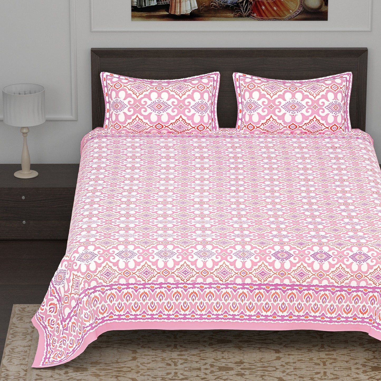 Pink and White Ikat Print Cotton King Size bedsheet