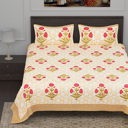 Red and Greenish Yellow Marigold Motif Print Cotton King Size Bedsheet