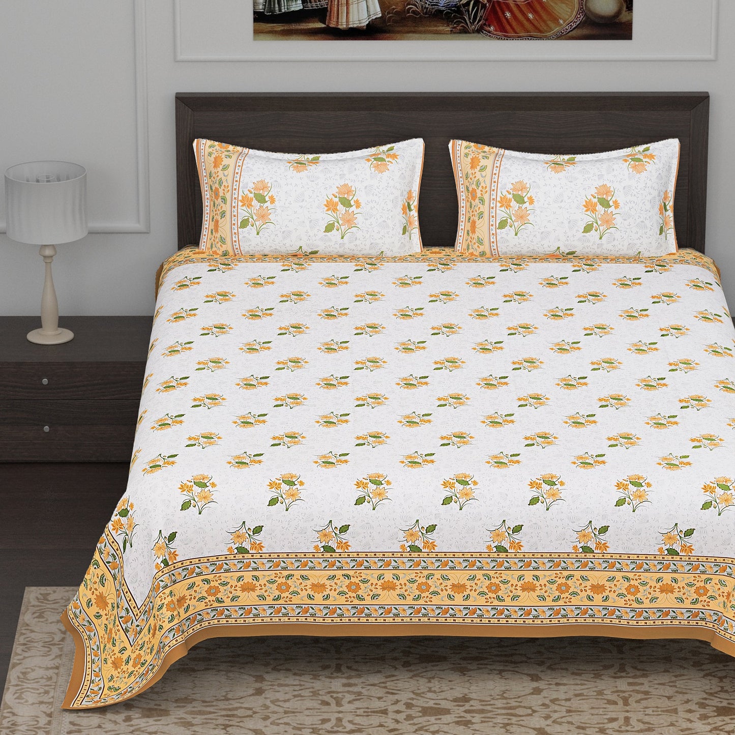 Brown and Yellow Floral Motif Print Cotton King Size Bedsheet