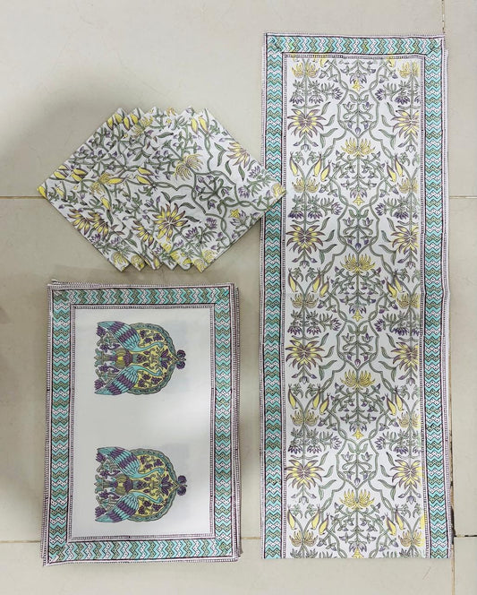 Yellow Motif Hand Block Print Dining Set 6 Seater