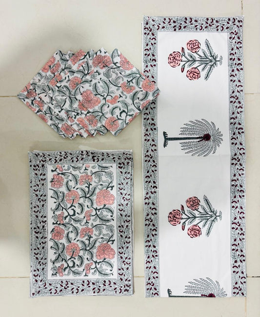 Pink Motif Hand Block Print Dining Set 6 Seater