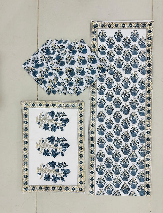 Blue Motif Hand Block Print Dining Set 6 Seater