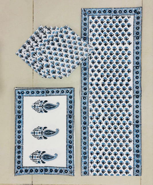 Blue Motif Hand Block Print Dining Set 6 Seater
