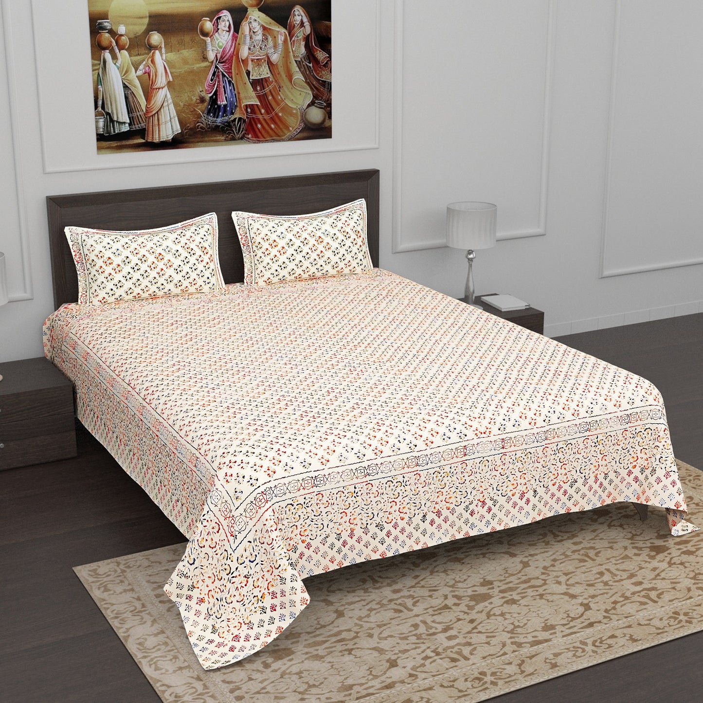 Multicolour Gold Floral Bootie Print Cotton Double Bedsheet