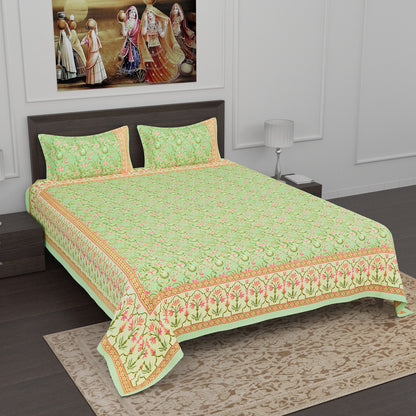 Pista Green Kalamkari Print Cotton Double Bedsheet