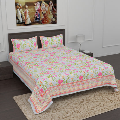 Pink and grey Bulgarian Rose blossom patterned Cotton Double Bedsheet