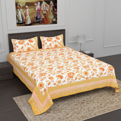 Vibrant Orange and Yellow Floral Print Cotton Double Bedsheet