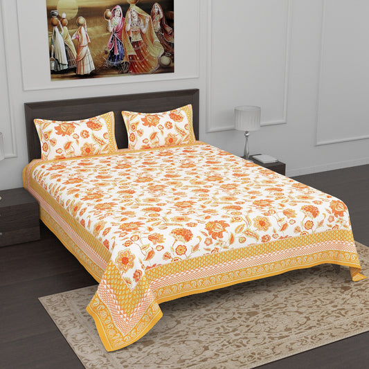 Vibrant Orange and Yellow Floral Print Cotton Double Bedsheet