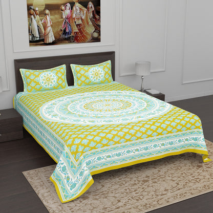 Aqua Blue and Greenish Yellow Circular Pattern Print Cotton Double Bedsheet