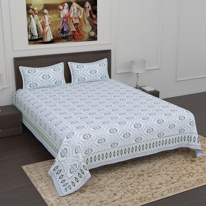 Blue and Grey Ikat Print Cotton King Size Bedsheet