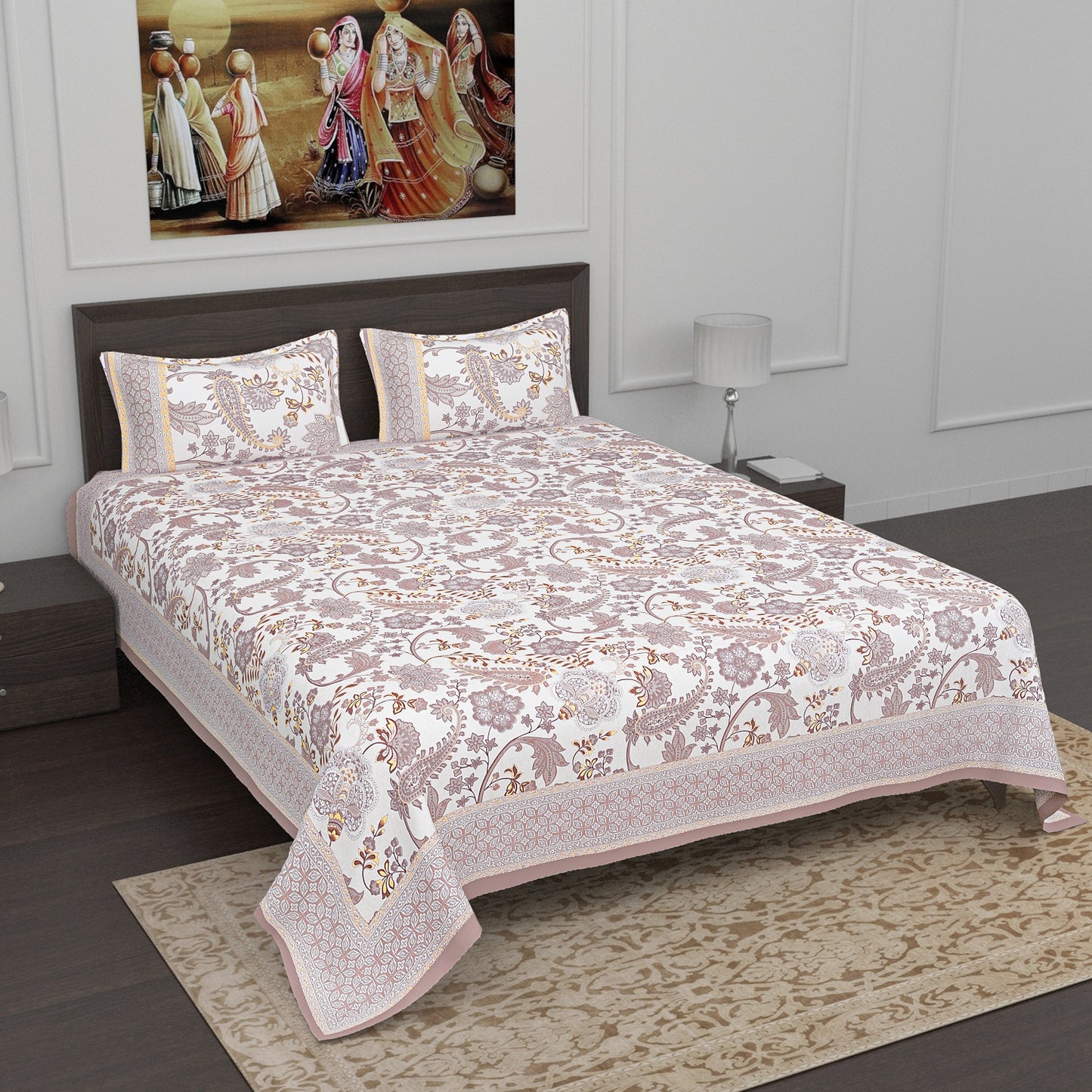 Grey and Brown Paisley Floral Seamless Pattern Cotton Double Bedsheet