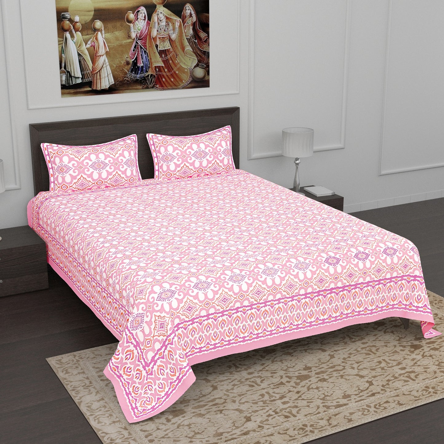 Pink and White Ikat Print Cotton King Size bedsheet