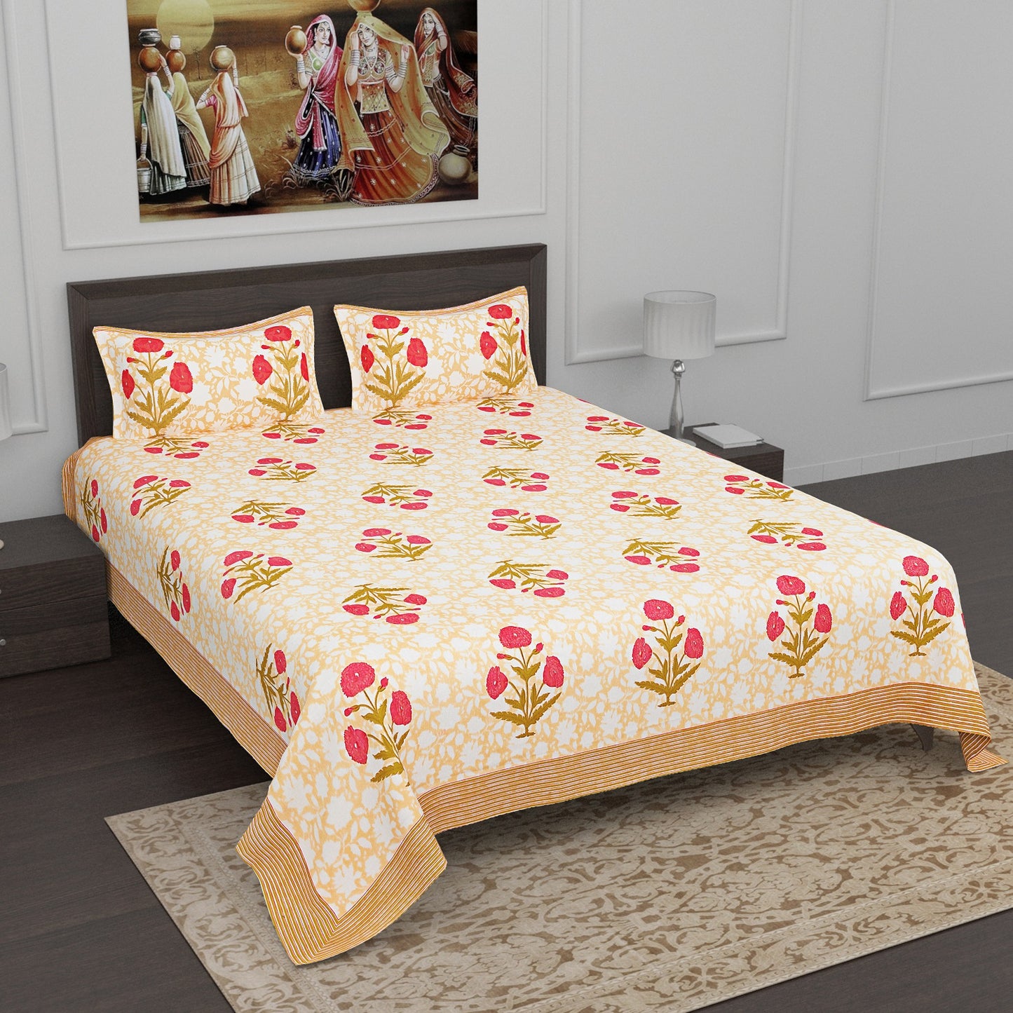 Red and Greenish Yellow Marigold Motif Print Cotton King Size Bedsheet