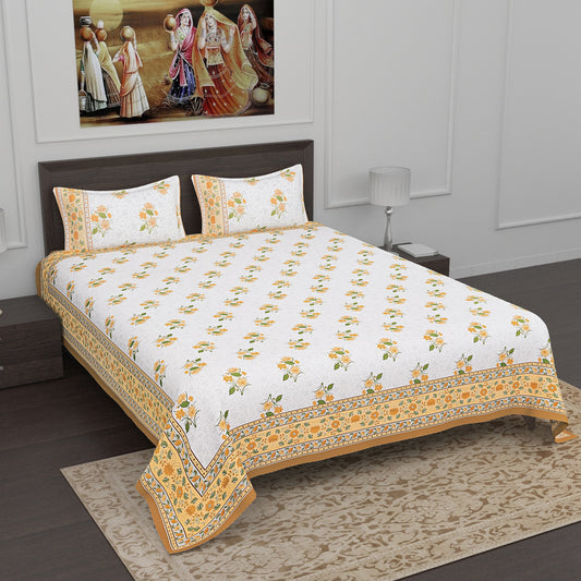 Brown and Yellow Floral Motif Print Cotton King Size Bedsheet