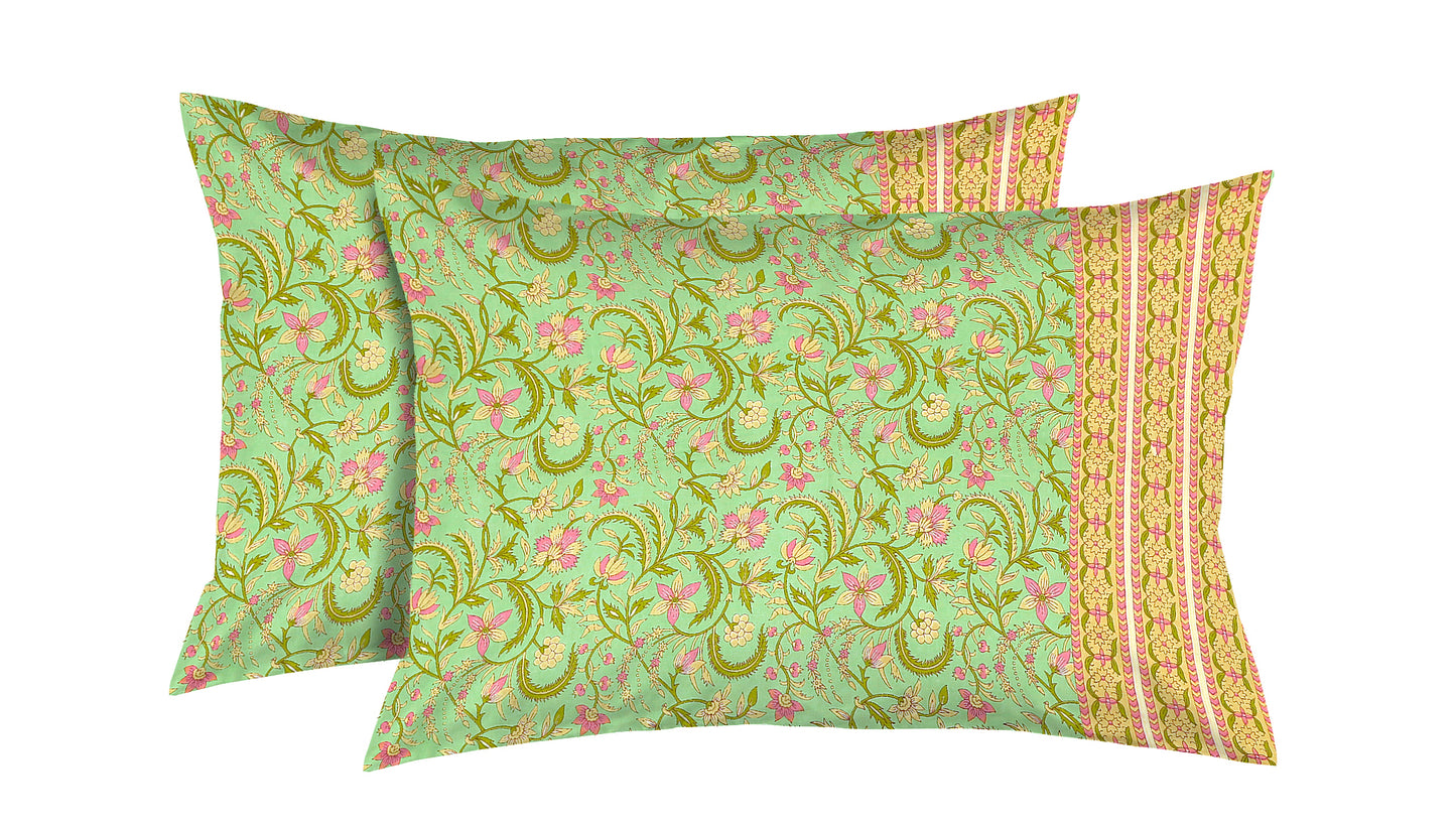 Pista Green Kalamkari Print Cotton Double Bedsheet