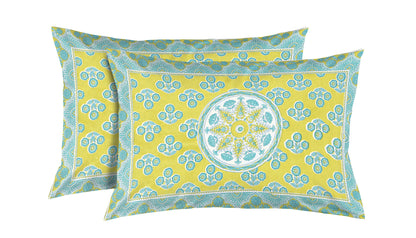 Aqua Blue and Greenish Yellow Circular Pattern Print Cotton Double Bedsheet