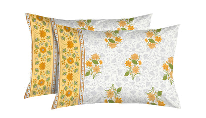 Brown and Yellow Floral Motif Print Cotton King Size Bedsheet