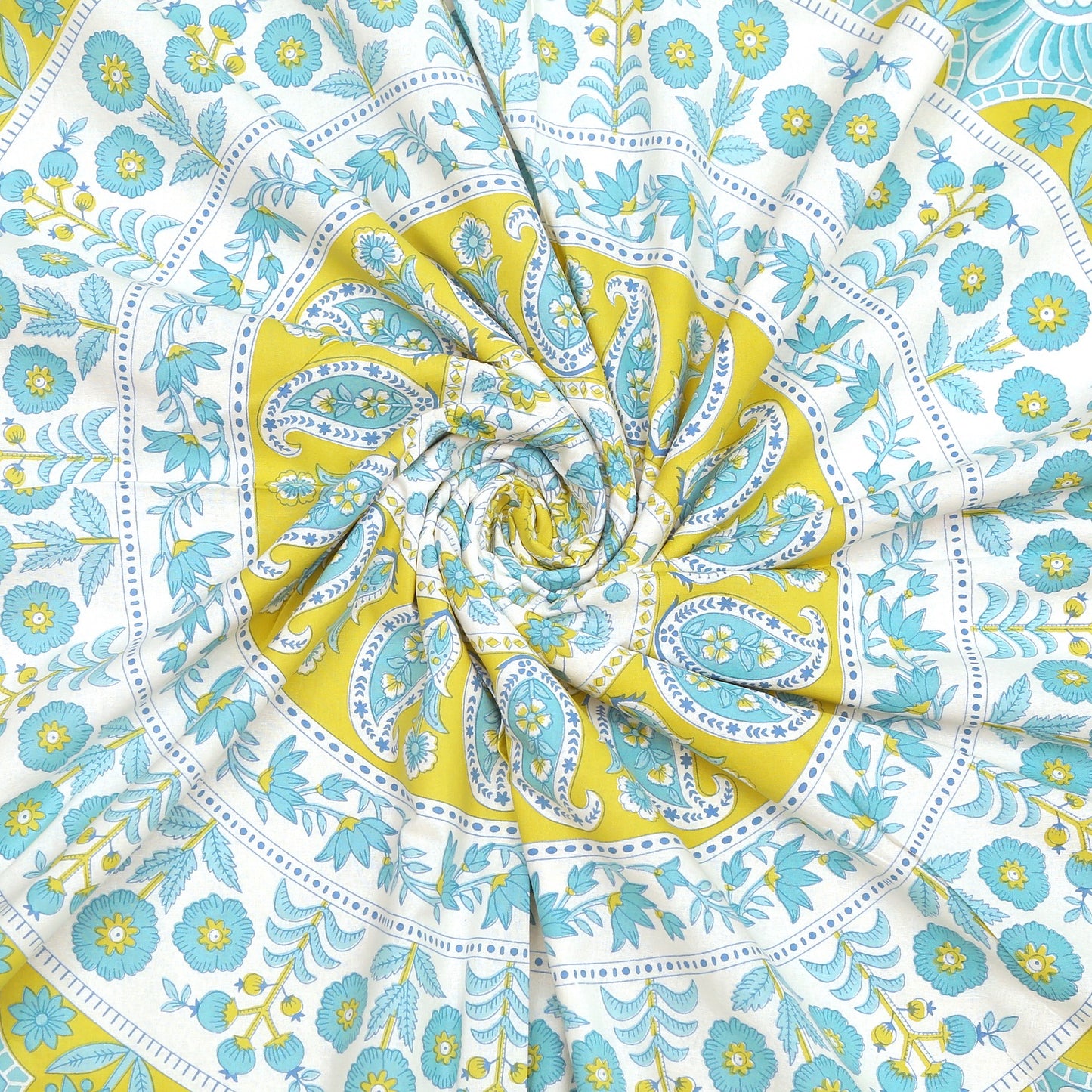 Aqua Blue and Greenish Yellow Circular Pattern Print Cotton Double Bedsheet