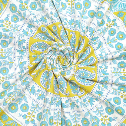 Aqua Blue and Greenish Yellow Circular Pattern Print Cotton Double Bedsheet