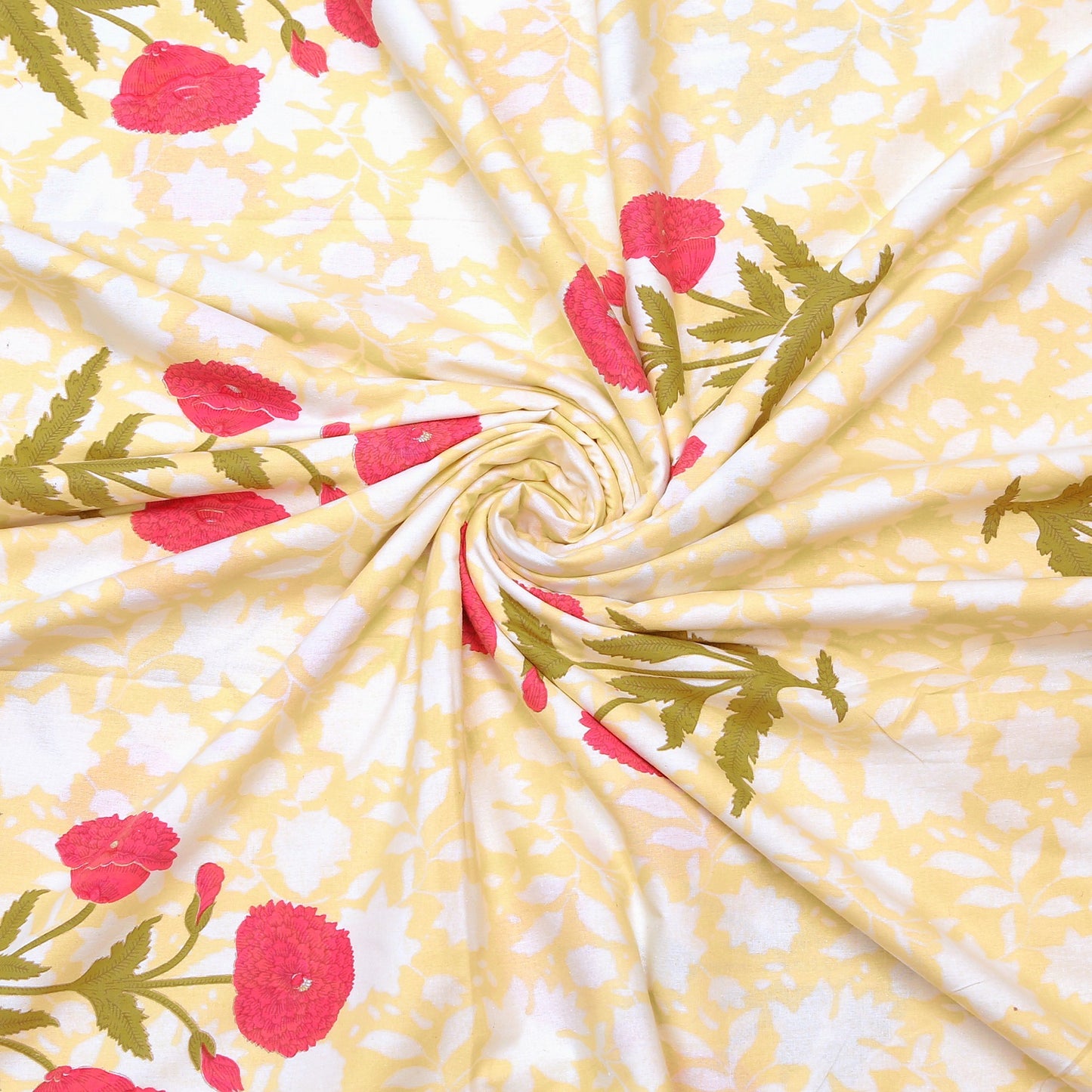 Red and Greenish Yellow Marigold Motif Print Cotton King Size Bedsheet