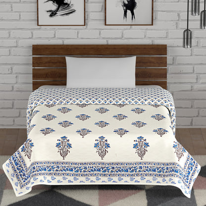 Blue and Grey Mughal Floral Motif Hand Block Printed Single Bed AC Comforter