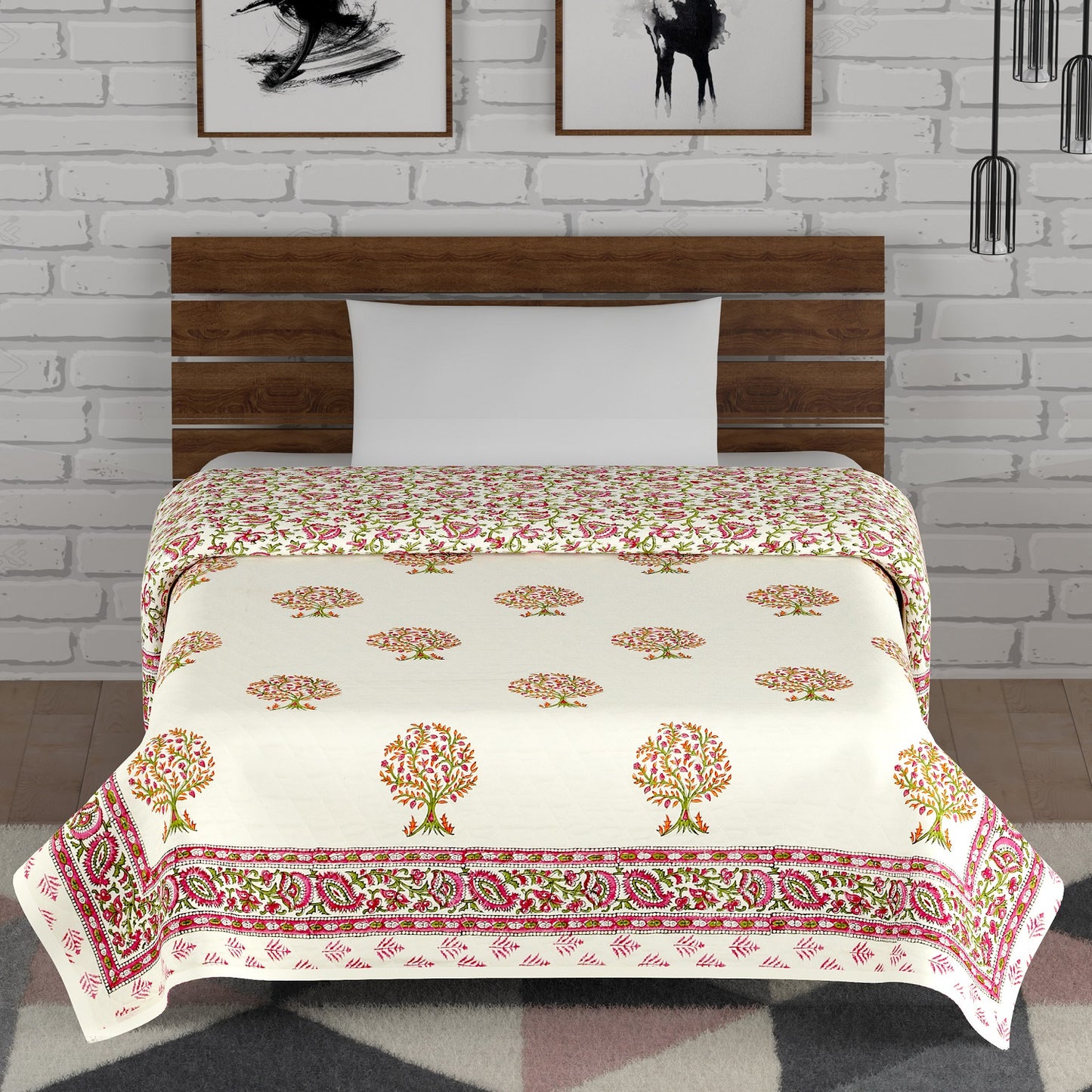 Pink and Green Tree Motif Hand Block Printed Single Bed AC Comforter