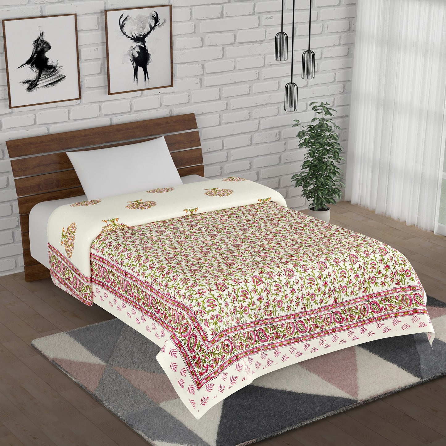 Pink and Green Tree Motif Hand Block Printed Single Bed AC Comforter