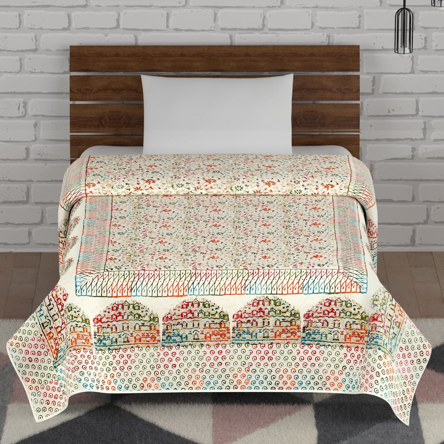 Multicolour Gold Printed Floral Jaal and Hawamahal Hand Block Print Cotton Mulmul Single Bed AC Comforter