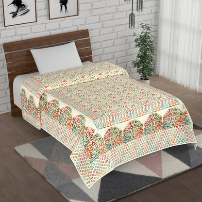 Multicolour Gold Printed Floral Jaal and Hawamahal Hand Block Print Cotton Mulmul Single Bed AC Comforter