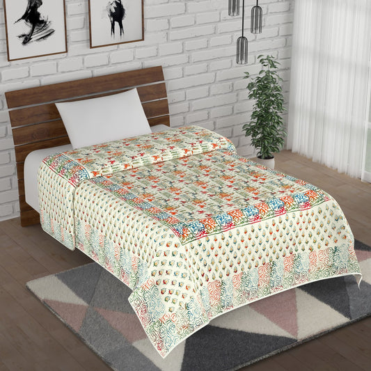 Multicolour Gold Printed Maharaja Baraat Hand Block Print Cotton Mulmul Single Bed AC Comforter