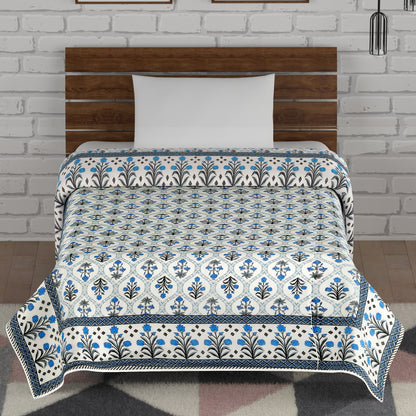 Ocean Blue and Grey Lily and Tulip Flower Seamless Pattern Hand Screen Printed single Bed AC Dohar