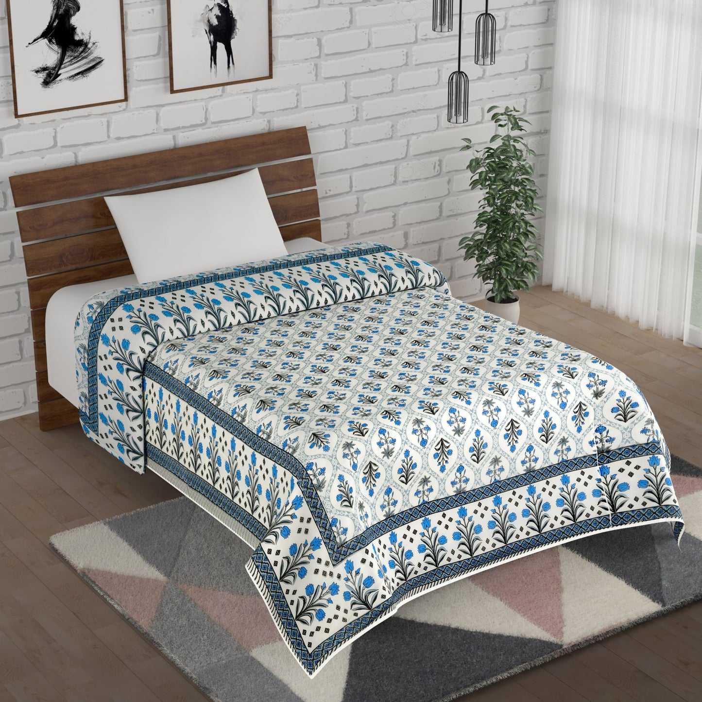 Ocean Blue and Grey Lily and Tulip Flower Seamless Pattern Hand Screen Printed single Bed AC Dohar