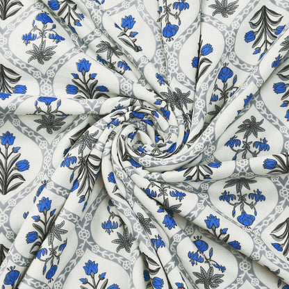 Ocean Blue and Grey Lily and Tulip Flower Seamless Pattern Hand Screen Printed single Bed AC Dohar