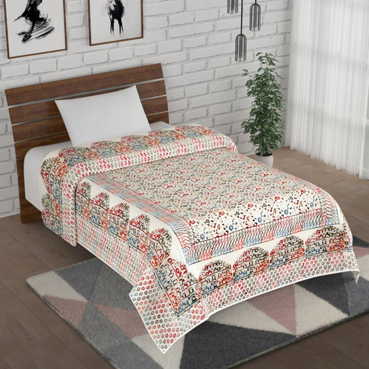 Multicolour Gold Printed Floral Jaal and Hawamahal Hand Block Print Cotton Mulmul Single Bed AC Dohar