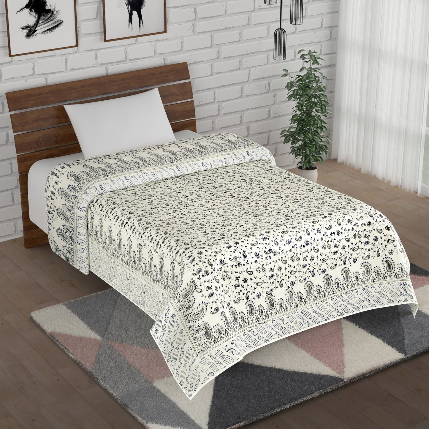 Blue and Grey Ambi Jaal Hand Block Print Cotton Single Bed AC Dohar