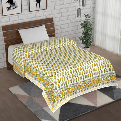 Yellow and Green Dafodill Flower Bootie Hand Block Print Cotton Mulmul  single Bed AC Dohar