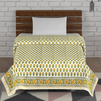 Yellow and Green Dafodill Flower Bootie Hand Block Print Cotton Mulmul  single Bed AC Dohar