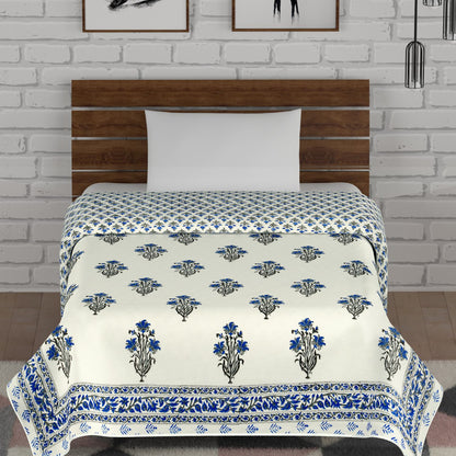 Blue and Grey Mughal Floral Motif Hand Block Printed Single Bed AC Dohar