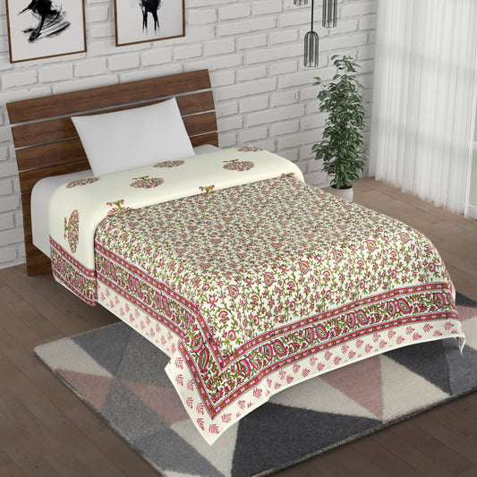 Pink and Green Tree Motif Hand Block Printed Single Bed AC Dohar