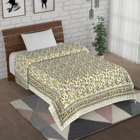 Brown and Grey Floral Jaal Hand Block Print single Bed AC Dohar