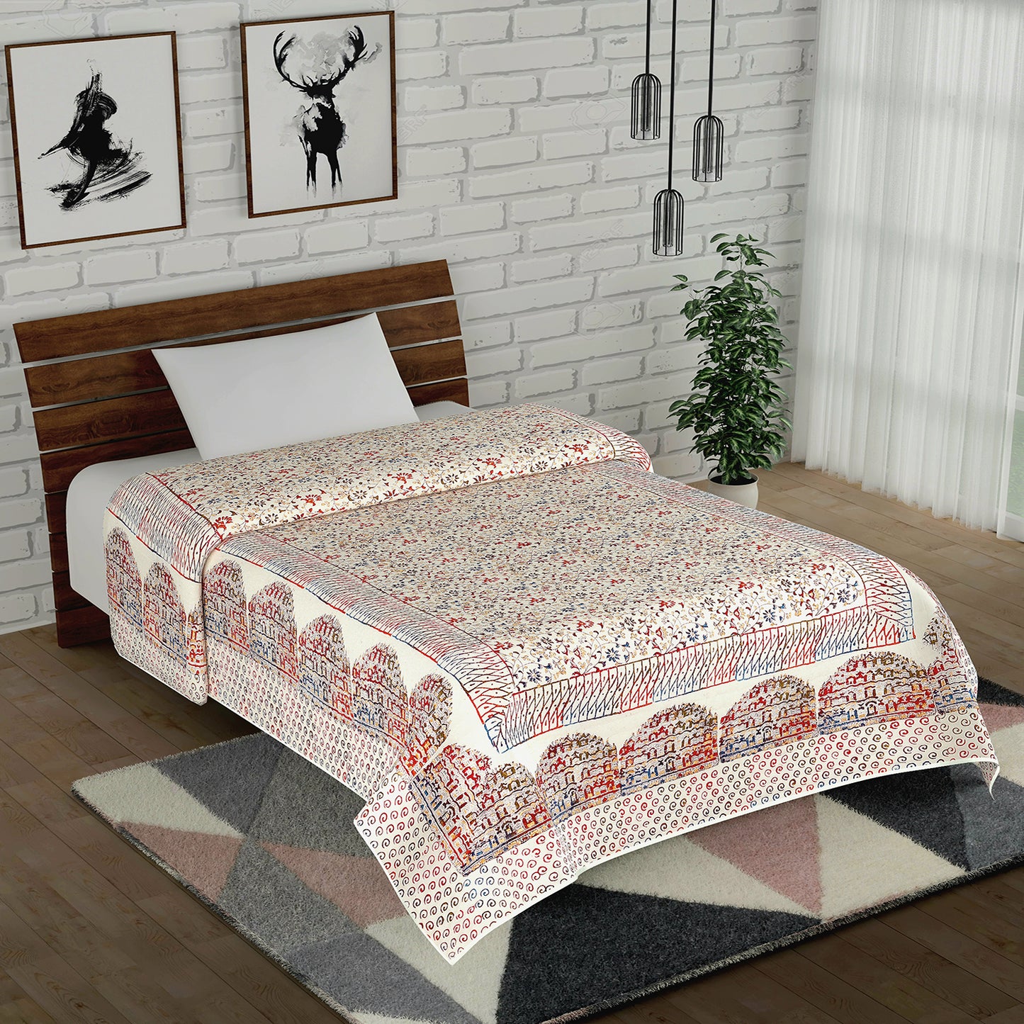 Multicolour Gold Printed Floral Jaal and Hawamahal Hand Block Print Cotton Mulmul Single Bed AC Quilt