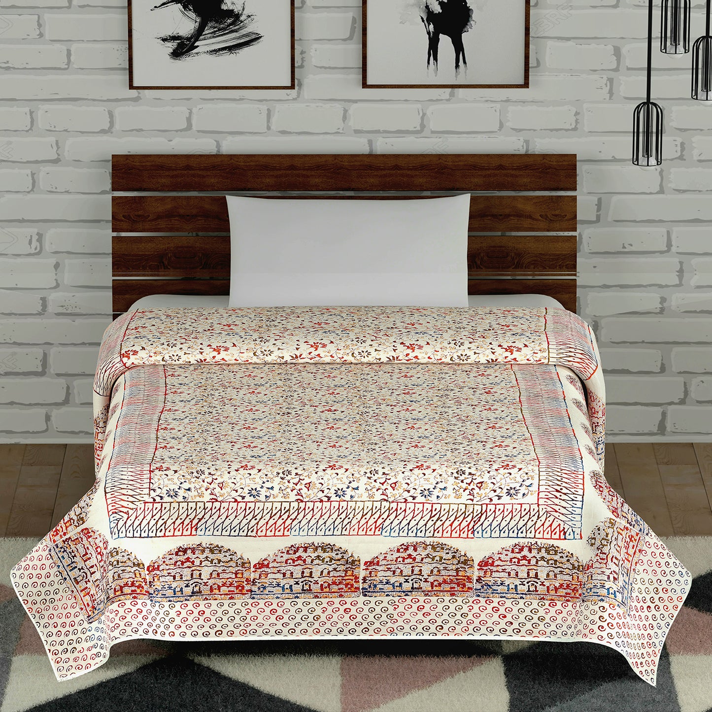 Multicolour Gold Printed Floral Jaal and Hawamahal Hand Block Print Cotton Mulmul Single Bed AC Quilt