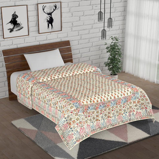 Multicolour Gold Bootie Hand Block Print Cotton Mulmul Single Bed AC Quilt