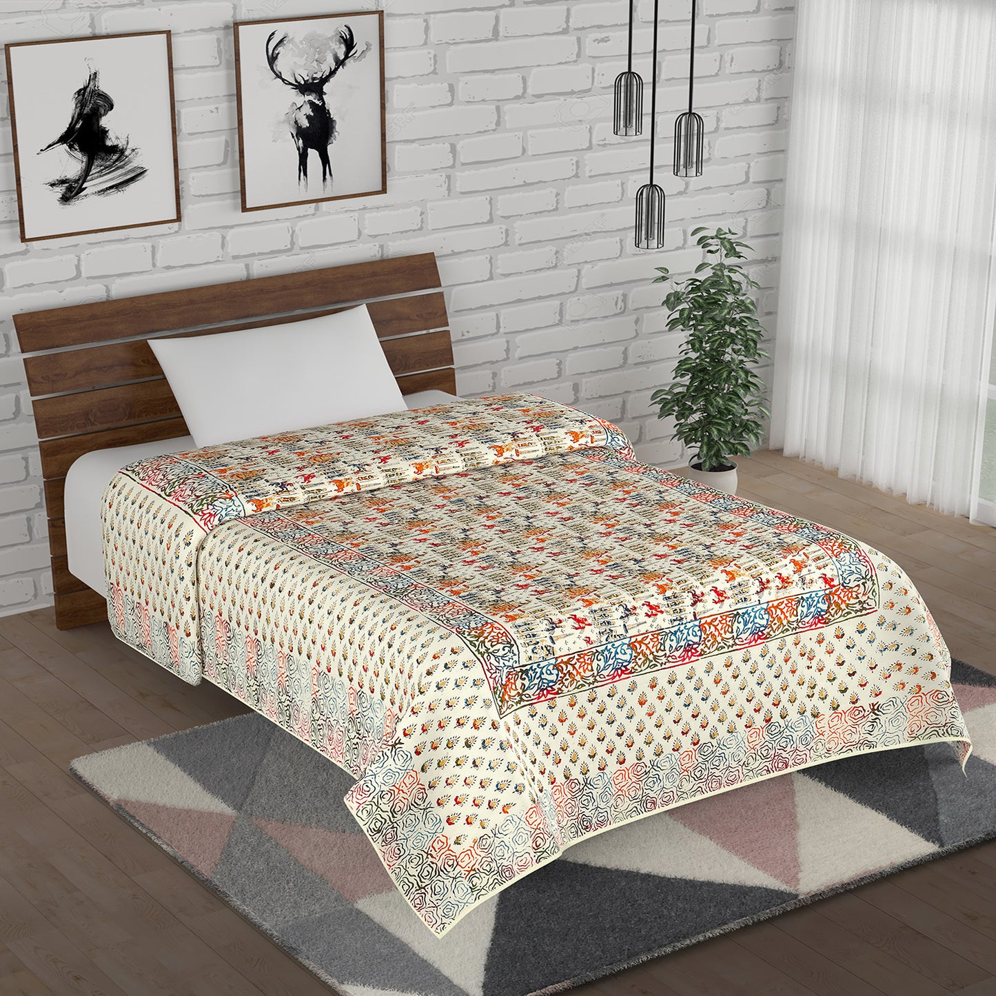 Multicolour Gold Printed Maharaja Baraat Hand Block Print Cotton Mulmul Single Bed AC Quilt