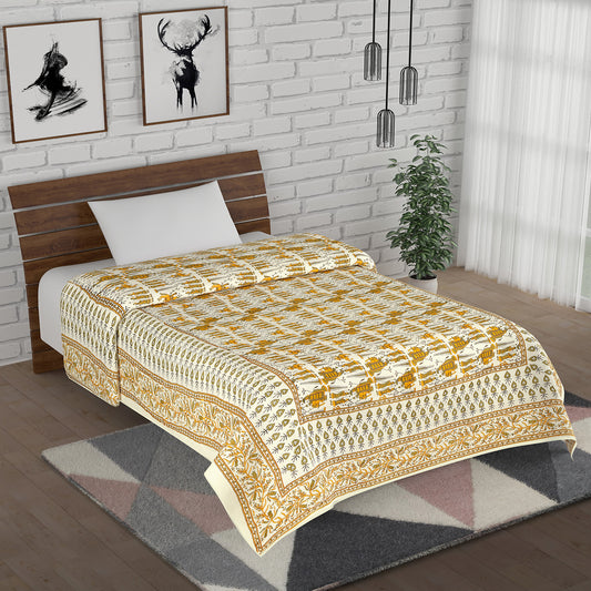 Yellow and Green Maharaja Baraat Hand Screen Printed Cotton Single Bed AC Quilt