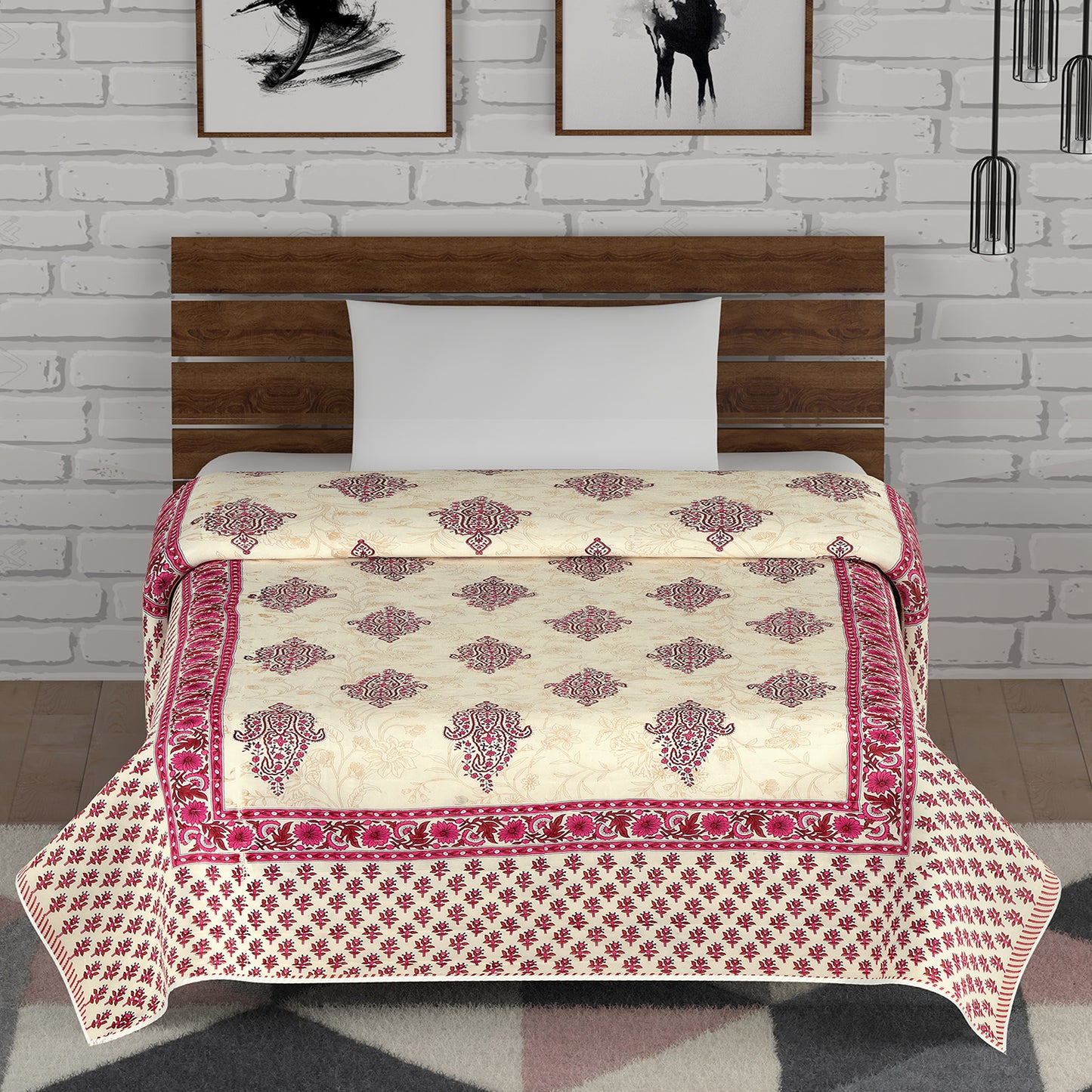 Pink and Maroon Paisley and Floral Motif Print Single Bed AC Quilt