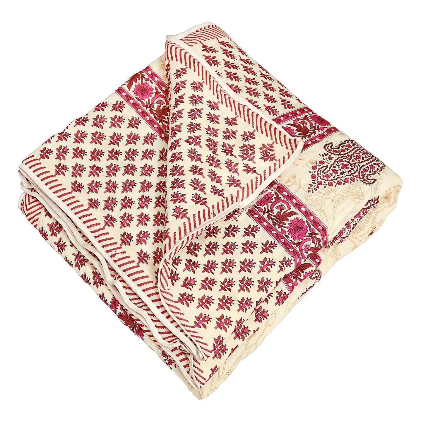 Pink and Maroon Paisley and Floral Motif Print Single Bed AC Quilt