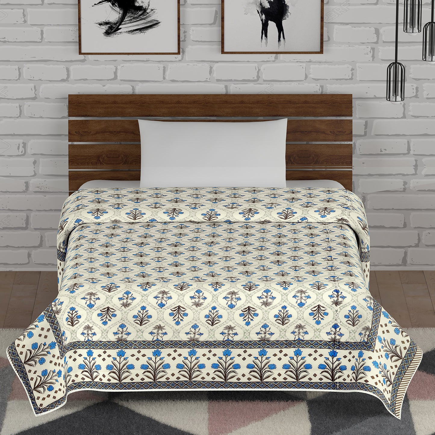 Ocean Blue and Grey Lily and Tulip Flower Seamless Pattern Hand Screen Printed Cotton Single Bed AC Quilt