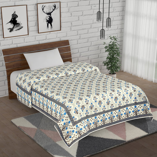 Ocean Blue and Grey Lily and Tulip Flower Seamless Pattern Hand Screen Printed Cotton Single Bed AC Quilt